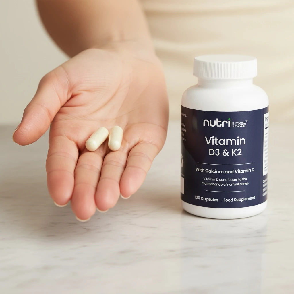 Hand holding two capsules next to a bottle of Nutrilove Vitamin D3 & K2 on a light surface.