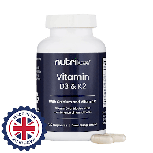 Nutriluxe Vitamin D3 & K2 supplement bottle with capsules on a white background