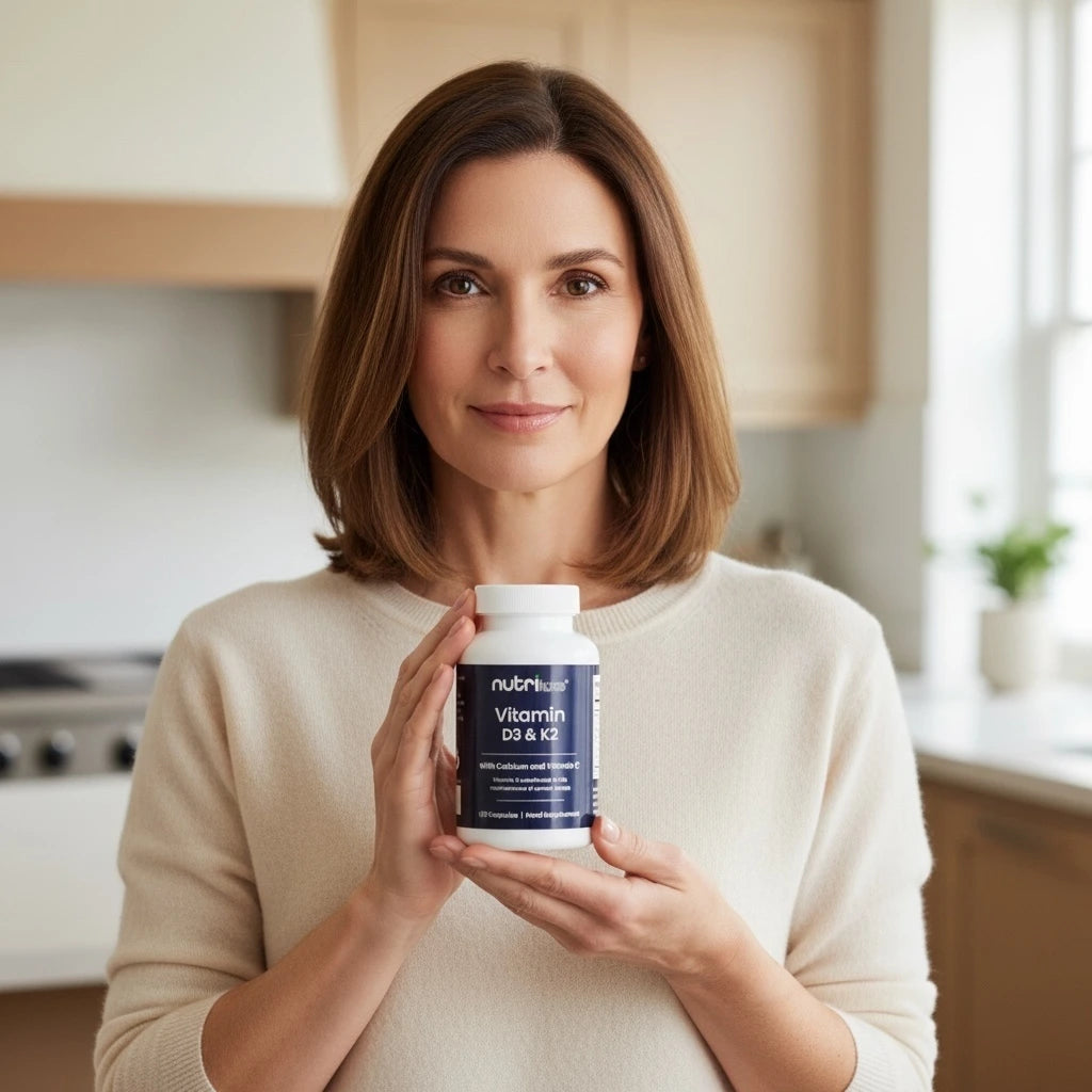 Women holding a bottle of nutriluxe Vitamin D3 & K2