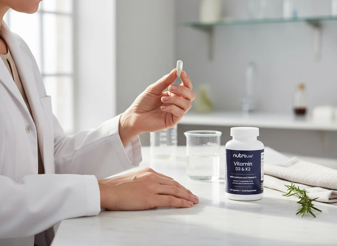 Scientist holding a white pill with a bottle of nutriluxe Vitamin D3 & K2 on the table