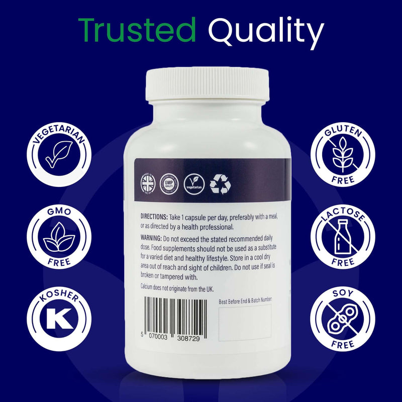 Back of Nutriluxe Vitamin D3 K2 supplement bottle showing trusted quality labels and directions.