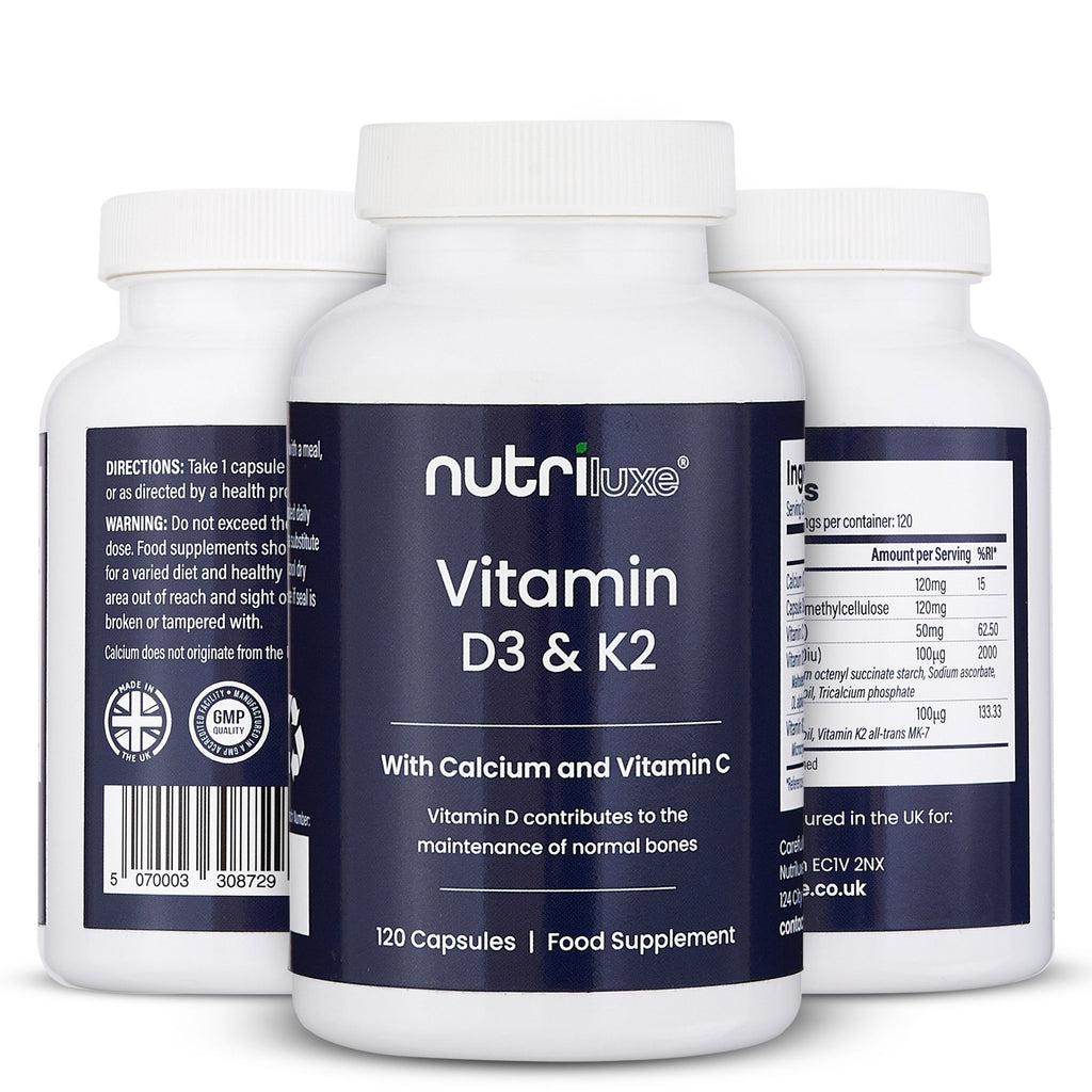 Nutriluxe Bone Health Complex supplement with Vitamin D3, K2, Calcium, and Vitamin C in 120 capsules for daily support.