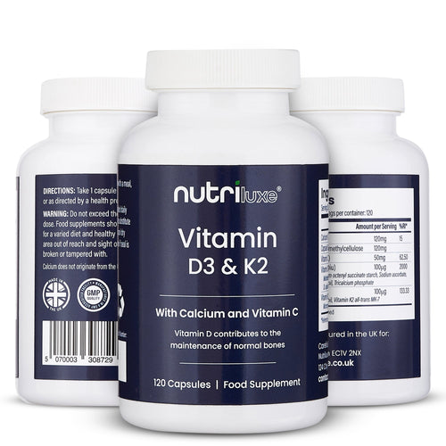 Vitamin D3 4000 IU + K2 MK - 7 with Calcium & Vitamin C – 120 Capsules - nutriluxe