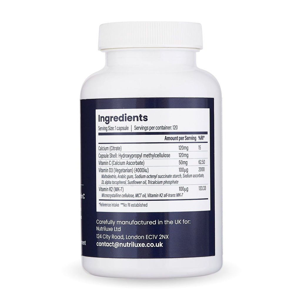 Nutriluxe Bone Health Complex supplement with Vitamin D3, K2, Calcium, and Vitamin C in 120 capsules.