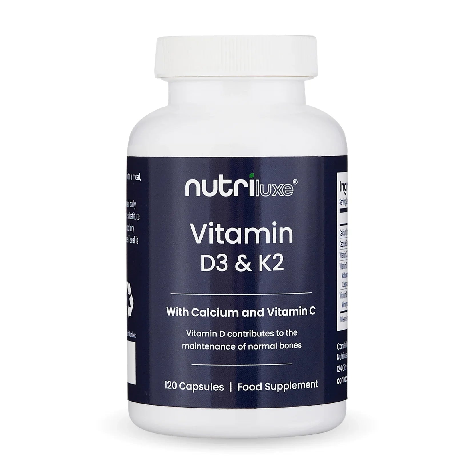 Nutriluxe Vitamin D3 K2 MK7 supplement bottle 120 vegetarian capsules made in UK