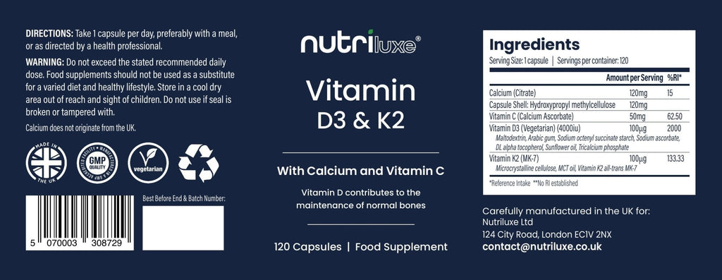 Nutriluxe Vitamin D3 K2 MK7 supplement facts label ingredients panel UK GMP