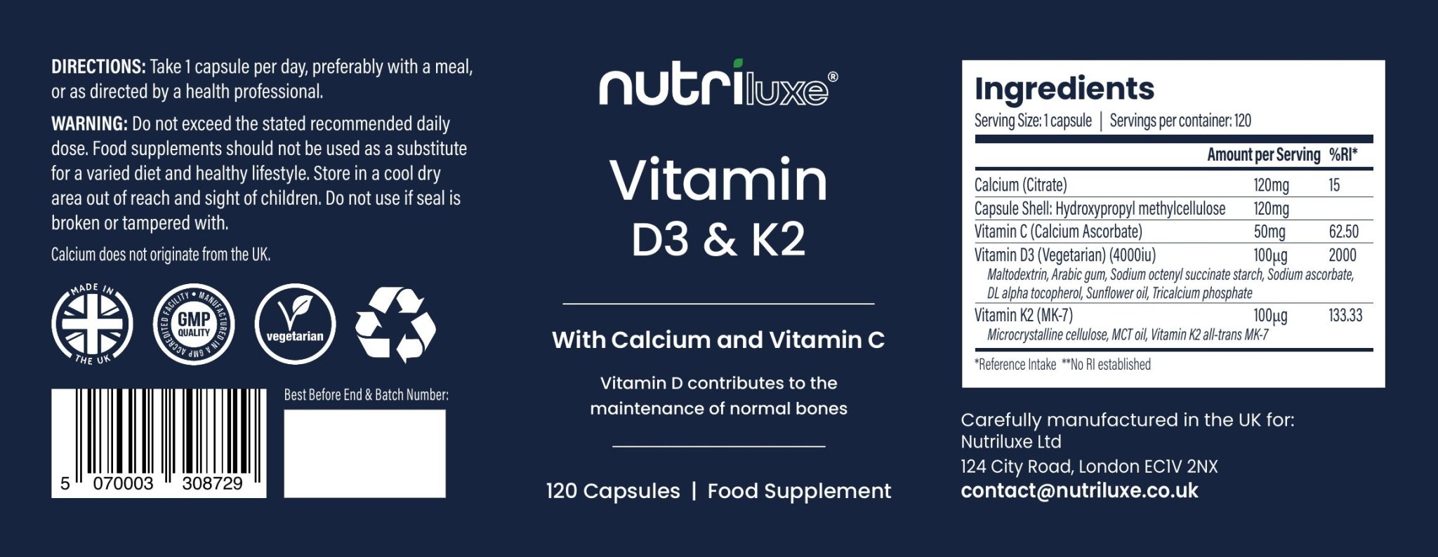 Nutriluxe Vitamin D3 K2 MK7 supplement facts label ingredients panel UK GMP