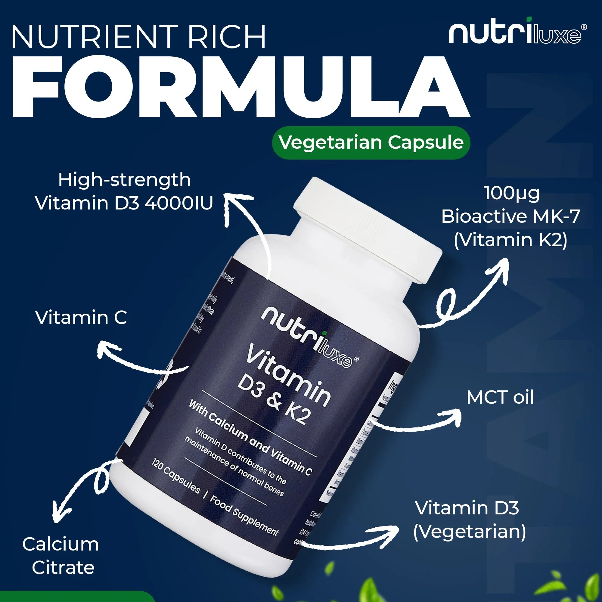 Vitamin D3 4000 IU & K2 MK7 100mcg Supplement with Calcium & Vitamin C – 120 Capsules – Vegetarian – - nutriluxe