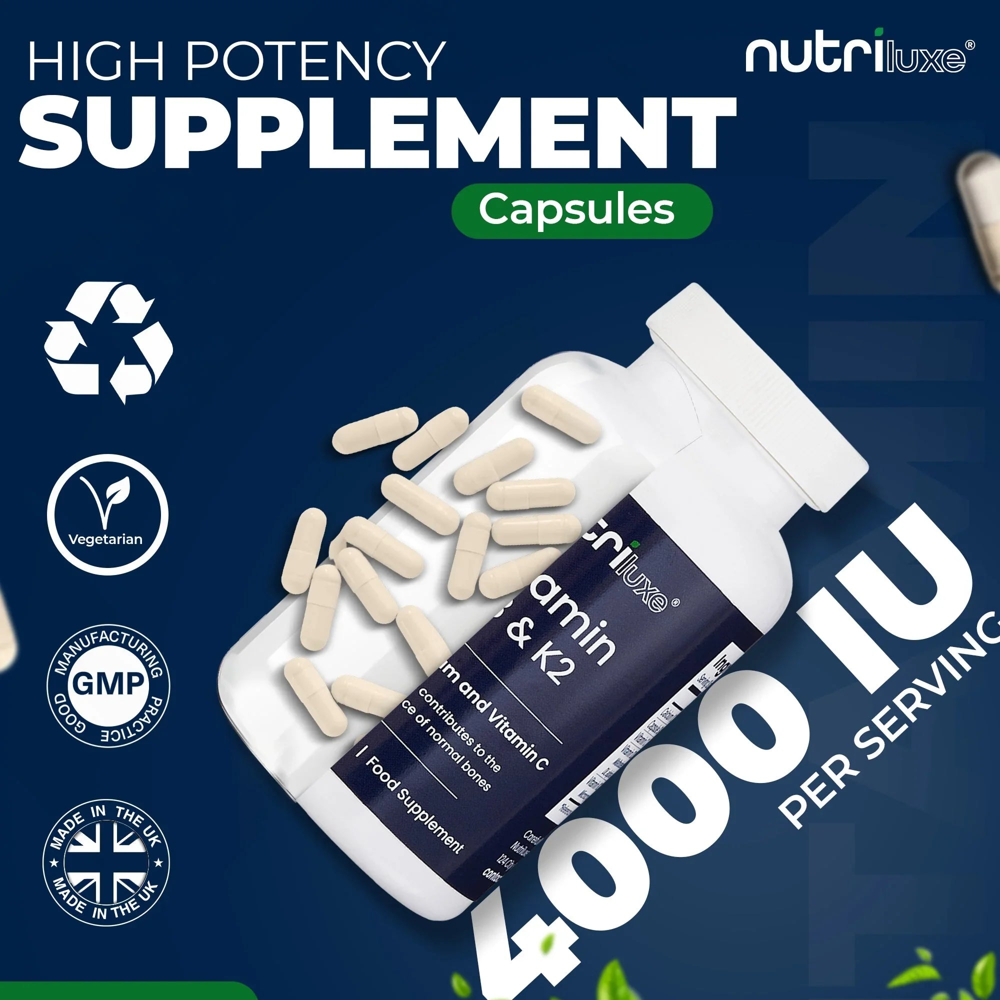 Vitamin D3 4000 IU & K2 MK7 100mcg Supplement with Calcium & Vitamin C – 120 Capsules – Vegetarian – - nutriluxe