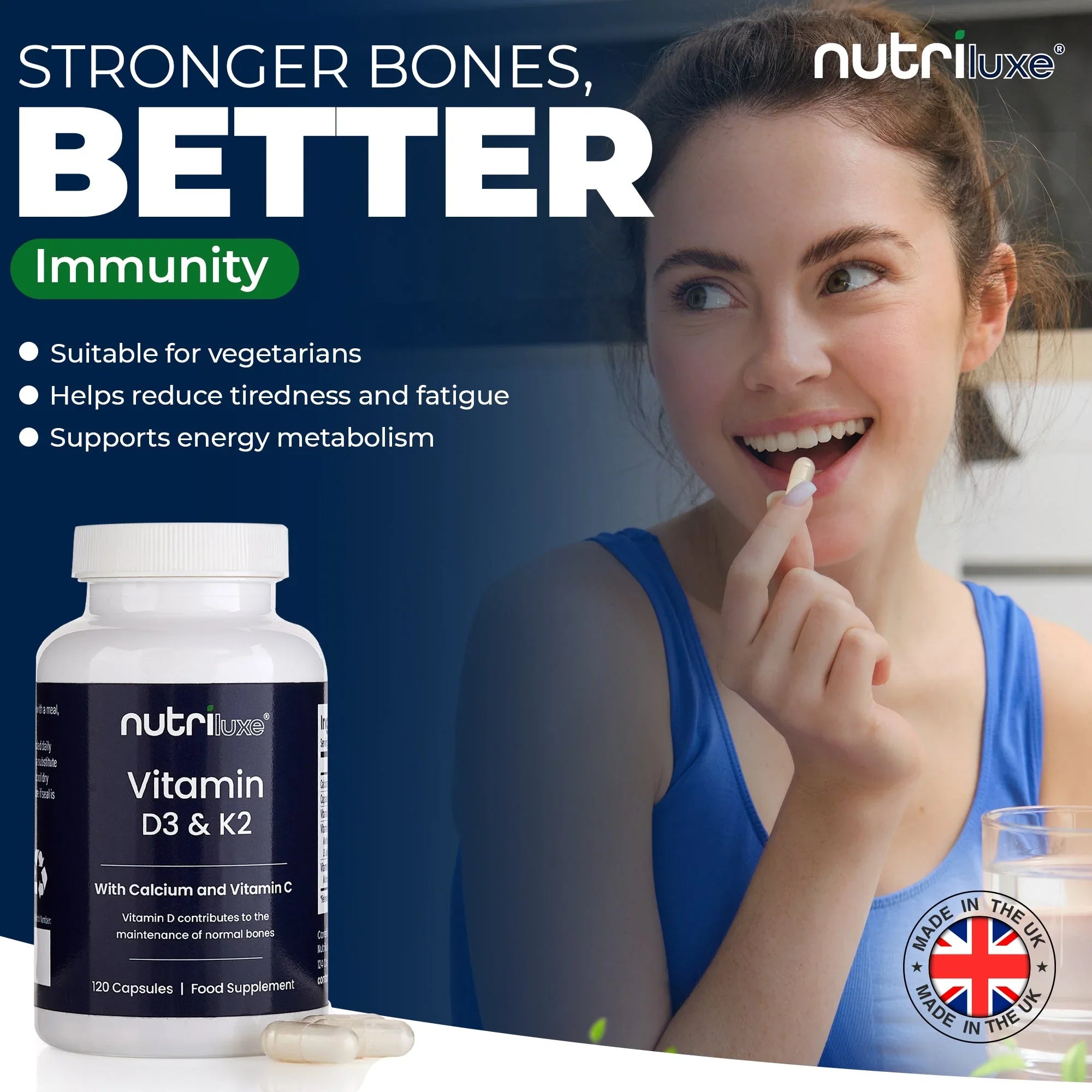 Vitamin D3 4000 IU & K2 MK7 100mcg Supplement with Calcium & Vitamin C – 120 Capsules – Vegetarian – - nutriluxe