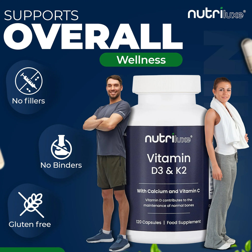 Vitamin D3 4000 IU & K2 MK7 100mcg Supplement with Calcium & Vitamin C – 120 Capsules – Vegetarian – - nutriluxe