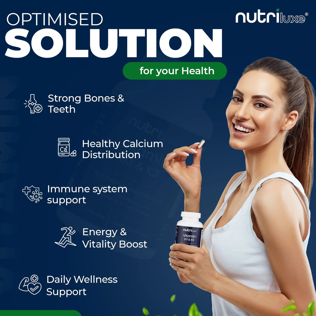 Vitamin D3 4000 IU & K2 MK7 100mcg Supplement with Calcium & Vitamin C – 120 Capsules – Vegetarian – - nutriluxe