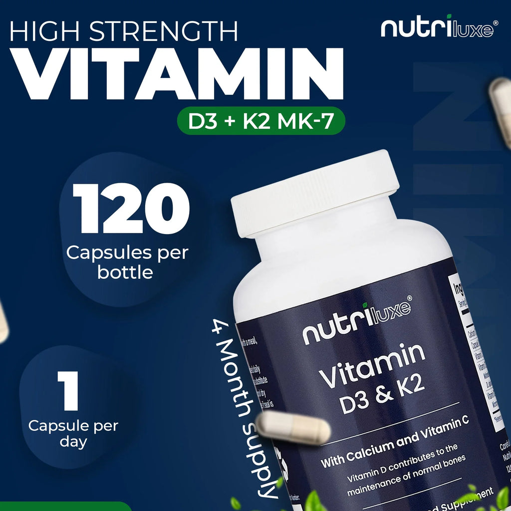 Vitamin D3 4000 IU & K2 MK7 100mcg Supplement with Calcium & Vitamin C – 120 Capsules – Vegetarian – - nutriluxe